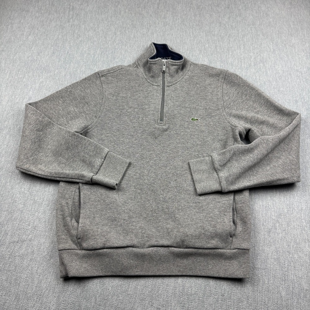 Lacoste Sweatshirt Mens Medium Gray Quarter Zip Cotton Cotton Croc‎ Logo Pockets